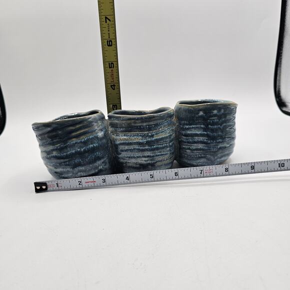 Handcrafted Vintage Studio Pottery Glazed Blue Swirl Ceramic Planter Trio - Picture 6 of 6